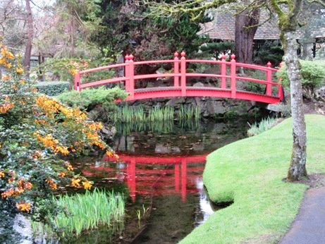red footbridge in Japanese Garden
